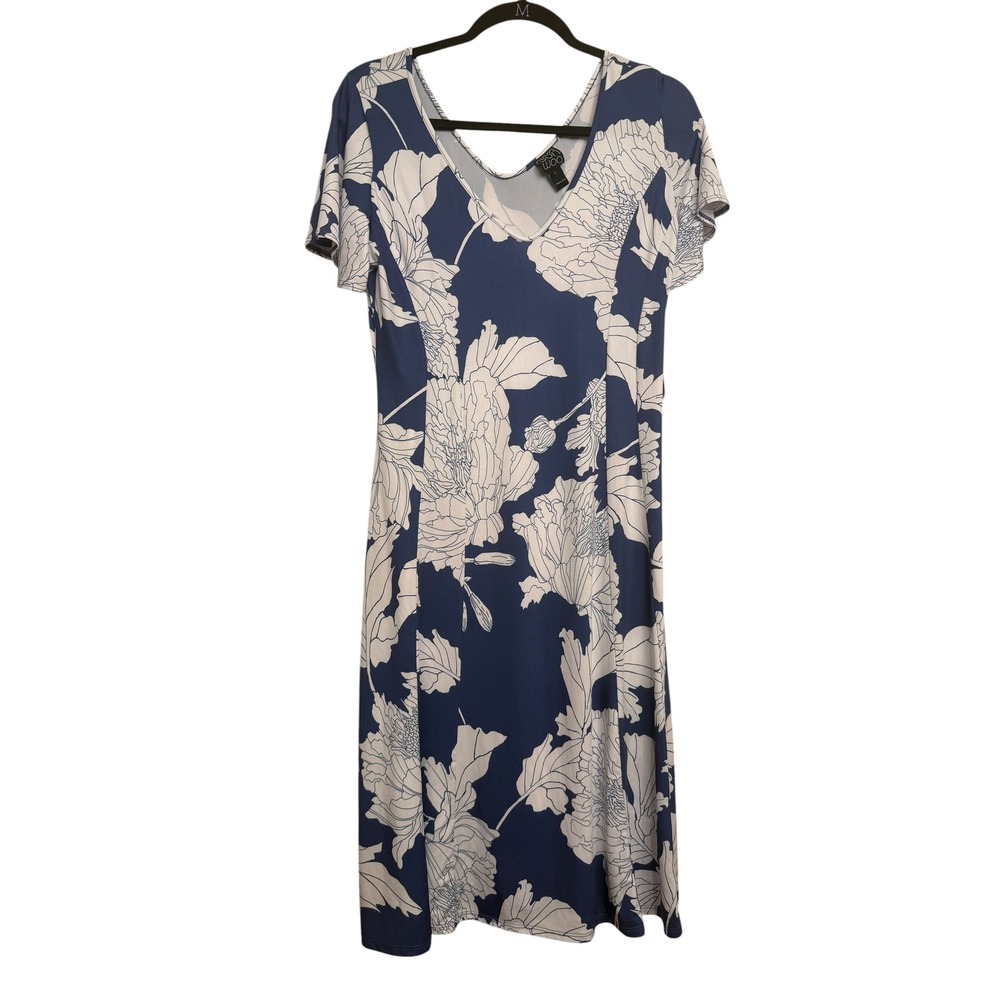 Sun Woo Navy Blue White Floral V-Neck Flutter Sleeve Midi Dress NWT Size S